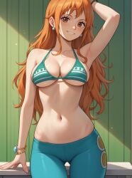 ai_generated brown_eyes earrings female female_only gym_uniform hair long_hair midriff nami nami_(one_piece) navel one_piece orange_eyes orange_hair pants robinlover smile solo_female tagme yoga_pants