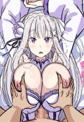 1boy 1girls absurdres armpit_pose armpits arms_above_head arms_up ayannon_yumme between_breasts blush breast_groping breasts cleavage_cutout clothed_sex clothes_pull clothing_cutout dress elf elf_ears elf_female elf_girl emilia_(re:zero) female flower grabbing_another's_breast groping hair_between_eyes hair_flower hair_ornament hair_ribbon highres huge_breasts innocent_expression lying motion_lines nipples on_back on_bed paizuri penis possible_innocence pov purple_eyes questionable_consent re:zero_kara_hajimeru_isekai_seikatsu ribbon silver_hair sweat white_dress white_hair