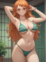 ai_generated breasts brown_eyes earrings female female_only hair long_hair midriff nami nami_(one_piece) navel one_piece orange_eyes orange_hair robinlover smile solo_female tagme