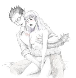 1boy1girl 1female 1male blush breast_grab breast_squeeze breasts_out demiurge_(overlord) demon eros_chaotica finger_fuck fingering fingering_from_behind fingering_partner fingering_pussy garnet_strix glasses groping_breast groping_from_behind male/female nipples nude_female nude_female_clothed_male open_mouth original original_character overlord_(maruyama) pointy_ears purple_hair sitting sitting_on_lap small_breasts strix suit vaginal_penetration yellow_eyes