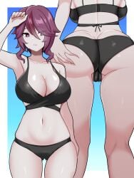 1girls arm_up ass ass_visible_through_thighs back backboob bags_under_eyes bikini black_bikini breasts cameltoe cleavage female genshin_impact hair_between_eyes hand_on_own_ass highres large_breasts multiple_views navel purple_eyes purple_hair red_hair rosaria_(genshin_impact) sitting skindentation solo streaked_hair sweat swimsuit two_tone_hair yuzu_kiro