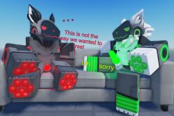 3d animal_genitalia animal_penis anthro anthro_only balls baseplate black_ears black_fur dialogue erect_penis erection furry furry_ears furry_male furry_only gay gay_male glowing_genitalia glowing_penis green_(greentoaster) green_pawpads green_penis greentoaster half-erect knot knotted_penis made_using_roblox male male/male male_focus male_only nostrils pawpads paws penis presenting_penis protogen protogen_armor protogen_visor red_(greentoaster) red_pawpads red_penis roblox robloxian self_upload sheath sitting stockings text white_ears white_fur