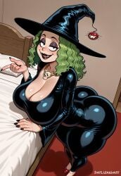 ai_assisted ai_generated bedroom black_dress black_eyes black_lipstick black_nails cleavage datlizardass fangs fat_ass female female freddie_fear_(comic) gold_necklace green_hair huge_ass huge_breasts long_dress long_hair long_sleeves looking_at_the_viewer mature mature_female milf mrs._fear red_footwear sagging_breasts seductive seductive_smile skull_necklace solo thick_thighs thighs witch_hat