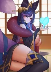 :o absurdres ahri animal_ears bar_censor bare_shoulders black_thighhighs blush breasts censored female hair_ornament heart heart-shaped_pupils highres indoors large_breasts league_of_legends long_hair long_sleeves looking_at_viewer multicolored_hair nipples open_mouth purple_hair pussy red_eyes sitting solo streaked_hair symbol-shaped_pupils tail thighhighs thighs very_long_hair wei_xiao