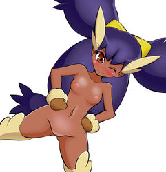 1girls big_hair blush breasts color cosplay dark-skinned_female dark_skin female female_only halubato human iris_(pokemon) lopunny lopunny_(cosplay) nipples nude pokemon pokemon_(cosplay) pokemon_(species) purple_hair solo solo_female tagme vulva white_background wink