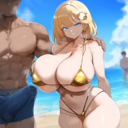 ai_generated ameanon arms_behind_back background_character beach big_breasts big_bulge bikini blonde_hair blue_eyes blurred_background boner boxers breast_squish breast_support breasts breasts_bigger_than_head busty cleavage erection erection_under_clothes faceless_male front_heavy_breasts gold_bikini hand_on_another's_shoulder height_difference hips hololive hololive_english hololive_myth huge_breasts large_breasts leaking_precum love_handles massive_breasts mommy multi-strapped_bikini oblivious precum precum_through_clothing sand seaside sideboob slender_waist swim_trunks thick_thighs underboob virtual_youtuber vtuber watson_amelia waves wide_hips yellow_bikini