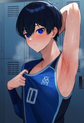 ai_generated blue_hair blue_lock dark_blue_hair isagi_yoichi male_only pink_armpit steam steaming_body steaming_breath sweat