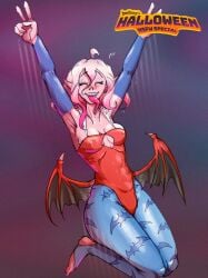 arms_up barefoot bedbug_(artist) briar_(league_of_legends) darkstalkers league_of_legends leggings leotard lilith_aensland small_breasts stirrup_legwear succubus vampire vampire_girl vampire_savior white_hair wide_hips