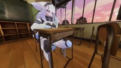 3d big_balls big_breasts big_penis blue_eyes blush classroom cock_ribbon desk fox_ears futa_only futa_schoolgirl futanari hiding_erection horsecock huge_balls huge_cock pasties queenstarvr robot_girl robot_humanoid vrchat vrchat_avatar white_hair