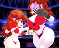 2girls 3d 3d_(artwork) arena bikini black_boxing_gloves black_gloves boxing boxing_gloves boxing_ring brown_hair demon demon_girl demon_horns duo duo_female duo_focus female female_only fight fighting_ring friday_night_funkin girlfriend_(friday_night_funkin) gloves josugomezofficialnew kabalmystic long_hair long_hair_female mmd mommy_mearest mother_and_daughter punch punching punching_stomach purple_skin red_boxing_gloves red_gloves tagme