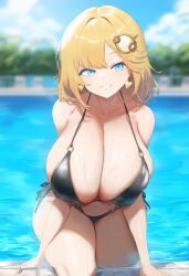 ai_generated ameanon big_breasts bikini black_bikini blonde_hair blue_eyes breasts earrings heart_earrings hololive hololive_english hololive_myth huge_breasts large_breasts looking_at_viewer mommy o-ring_bikini pool poolside side-tie_bikini_bottom smile thick_thighs virtual_youtuber vtuber watson_amelia