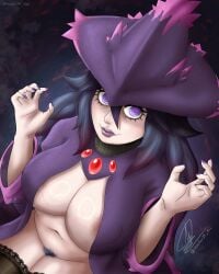 belly big_breasts breasts breasts busty cosplay costume crazy_eyes ghost ghost_girl halloween hex_maniac large_breasts long_hair pale_skin pokemon pubic_hair purple_eyes purple_hair purple_lipstick solo spiral_eyes theworldmaker14 thighs tights witch witch_costume witch_hat