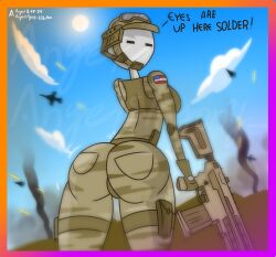 agonywelds american_flag android android_girl anthro ass badtaste big_ass big_breasts big_butt bullet controversial controversy female fighter_jet gun holding_gun looking_at_viewer looking_back milf military military_uniform robot robot_girl smoke