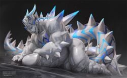 2024 2_horns all_fours anthro arctic_(takahirosi) arm_spikes artist_logo ass balls biceps big_balls big_penis black_sclera blue_markings blue_stripes chest_markings dragon facial_spikes genitals goo_creature hand_on_own_penis head_spines horn huge_balls huge_cock logo male markings muscular muscular_anthro muscular_male mythological_creature mythological_scalie mythology nude pecs penis purple_eyes scalie shoulder_spikes slime solo spikes spikes_(anatomy) striped_markings striped_tail stripes tail tail_markings tail_spines takahirosi text url white_body