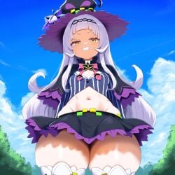 ai_generated ameanon bean_smile flat_chest hololive looking_at_viewer looking_down murasaki_shion short_skirt skindentation skirt smile smug teeth thick_thighs thighhighs virtual_youtuber vtuber witch_hat