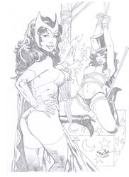 avengers bondage crossover dc female female_only human marvel monochrome multiple_females nipples ron_adrian rope_bondage straight_hair tied_up wanda_maximoff zatanna