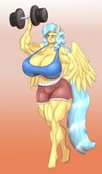 1girls big_breasts blue_hair breasts female huge_breasts hyper_breasts large_breasts marauder6272 mercury_drop_(oc) my_little_pony revealing_clothes solo tight_clothing yellow_skin