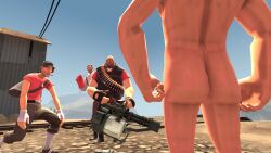 butt casual facing_away heavy_(team_fortress_2) human male medic_(team_fortress_2) pale_skin scout_(team_fortress_2) shocked_expression soldier_(team_fortress_2) staring tagme team_fortress_2 tf2 traumatized