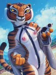 2022 anthro areola artist_logo artist_signature bikini bikini_aside collar english_text exibitionism feline female female_focus female_only furry furry_only harness kung_fu_panda master_tigress muscles muscular muscular_female pixelsketcher text tiger tiger_girl tiger_stripes tigress