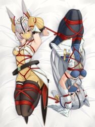 bondage bondage bondage bound bound_legs bound_together bound_wrists breasts crotch_rope female female_focus female_only gag gagged harness_gag melia_antiqua nia nia_(xenoblade) nintendo on_back on_bed xenoblade_(series)