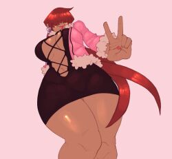 big_breasts earrings female from_below hand_gesture jacket king_of_fighters long_hair race_swap red_hair shermie_(kof) skirt smile thick thick_legs thick_thighs