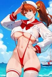 2d ai_generated big_breasts brown_hair dead_or_alive female_focus female_only kasumi_(doa) outdoors sailor_hat sailor_uniform salute sea seaside skimpy_clothes smile solo solo_female solo_focus tagme wide_hips