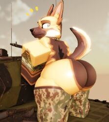 2024 3d 3d_(artwork) anthro ass balls balls_in_panties balls_in_underwear big_butt black_nose bone_collar brown_body brown_fur brown_tail bubble_butt camo camo_clothing camo_print camo_thigh_highs camo_thong camo_underwear canid canine canis clothing digital_media_(artwork) domestic_dog emphasis_lines flecktarn fur genitals german german_flag german_shepherd glistening glistening_butt herding_dog hi_res huge_butt legwear looking_back mammal military military_clothing military_vehicle multicolored_body multicolored_fur multicolored_tail outdoor_nudity outside pastoral_dog pattern_clothing pattern_underwear roblox robloxian solo standing standing_on_vehicle surprise surprised_expression surprised_eyes surprised_look tail tan_body tan_eyes tan_fur tan_tail tank thick_thighs thigh_highs thong underwear vehicle white_sclera willie_piv