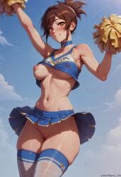 afterimage ai_generated areolae ass bare blush breasts cheerleader cheerleading choker dota_2 eyes female from hair hips marci navel nipples ponytail short shoulders skirt smile soft solo thick thigh thighs uncensored wet wide yellow young