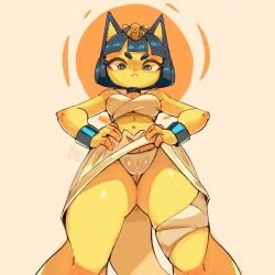 :< animal_crossing ankha_(animal_crossing) anthro bandeau blue_eyes blue_hair blush bob_cut bottomwear bracelet camel_toe circle_eyebrows clothed clothing collar digital_media_(artwork) domestic_cat eyebrows felid feline felis female female_anthro hair hands_on_hips huhujujuy jewelry looking_at_viewer looking_down low-angle_view mammal midriff navel nintendo perspective skirt tail thick_tail topwear upskirt yellow_body