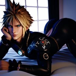 1boy 1femboy 3d ai_generated ass blonde_hair blue_bodysuit bodysuit cloud_strife cosplay femboy feminine feminine_male final_fantasy_vii_remake girly male_only sissy solo solo_male tagme trap