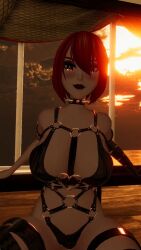 bra choker cloudy_sky harness large_breasts lipstick panties rebel_(vtuber) rebel_vr red_hair shiny_eyes smiling sunset that_one_rebel window