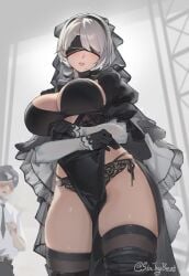 1girls android android_girl big_breasts black_blindfold black_dress blindfold breasts dress female female_focus female_only light-skinned_female light_skin nier nier:_automata nier_(series) robot robot_girl robot_humanoid sintrybest_(artist) solo solo_female solo_focus thick_thighs thighs video_game_character yorha_2b yorha_2b_(cosplay)