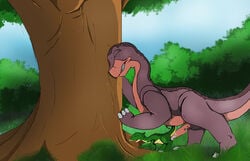 1boy 1girls apatosaurus big_dom_small_sub closed_eyes dinosaur doggy_style don_bluth ducky duo female hadrosaur interspecies larger_male littlefoot male outdoors pussy_juice reptile saurolophus sauropod sex size_difference smaller_female straight the_land_before_time tree young