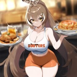 ai_generated ameanon big_breasts breasts cleavage hololive hololive_english hololive_english_-council- hololive_english_-promise- hooters hooters_uniform large_breasts nanashi_mumei ponytail short_shorts shorts tank_top thick_thighs virtual_youtuber vtuber waitress