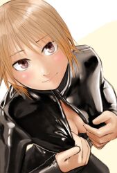 blonde_hair blush brown_eyes cleavage dutch_angle kilye_4421 latex latex_bodysuit looking_at_viewer revealing_breasts short_hair smile