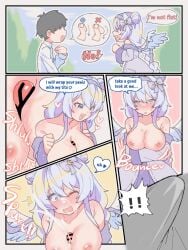 !! 1boy 1girls 5koma areolae bar_censor big_breasts blue_eyes blush breasts censored comic cum cum_on_face dialogue ejaculation elia_stellaria english_text erect_penis erection erection_under_clothes funny heart humor light-skinned_female light-skinned_male light_blue_hair light_skin nipples nose_blush outdoors paizuri penis sksk_sou speech_bubble surprised text v-dere virtual_youtuber wings