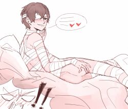 bandage bandage_on_face bandaged_arm bandaged_hand bandaged_leg bed bed_sheet bed_sheets bedroom blush blush_lines blushing blushing_profusely bungo_stray_dogs bungou_stray_dogs chuuya_nakahara cute dazai_osamu exclamation_mark exclamation_point exclamation_sign feminine_male flat_ass funny heart heart_symbol hearts heavy_blush in_bed inviting inviting_to_sex laying leaning leaning_back light-skinned_male light_skin nakahara_chuuya no_sex nude_male osamu_dazai pale pale-skinned_male pale_body pale_skin pink_bed pink_bed_sheet pink_bed_sheets pink_bedding seducing seductive seductive_eyes seductive_gaze seductive_mouth seductive_pose seductive_smile silly skinny skinny_male smile smiling smiling_at_partner smirk smirking smirking_at_partner soukoku thin thin_waist twink