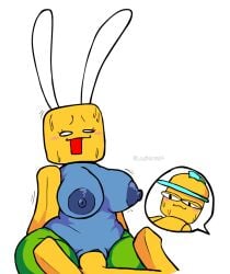 1boy 1boy1girl 1girl1boy 1girls blush bunny_ears chubby chubby_female duo female large_breasts loudnormal4 noob roblox robloxian smug smug_face sweat white_background