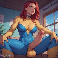 1futa 1girls ai_generated bodysuit futa_focus futa_only futa_sans_pussy futanari green_eyes jean_grey large_penis looking_at_viewer marvel marvel_comics osirix penis penis_through_fly red_hair sitting solo stable_diffusion testicles x-men