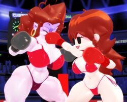 2girls 3d 3d_(artwork) arena bikini black_boxing_gloves black_gloves boxing boxing_gloves boxing_ring brown_hair demon demon_girl demon_horns duo duo_female duo_focus female female_only fight fighting_ring friday_night_funkin girlfriend_(friday_night_funkin) gloves josugomezofficialnew kabalmystic long_hair long_hair_female mmd mommy_mearest mother_and_daughter punch punching punching_face purple_skin red_boxing_gloves red_gloves tagme