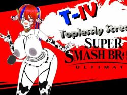 black_sclera blue_eyes blue_hair cow_ears cow_girl cow_horns cow_print cow_tail female original_character peace_sign red_hair robot_girl super_smash_bros._ultimate t-iv_(teletraan_iv) topless_female two_tone_hair virtual_youtuber vroid vtuber