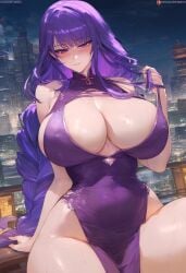 1girls ai_generated bangs bare_shoulders blush braid braided_ponytail breasts building china_dress chinese_clothes city cityscape cleavage clothing covered_navel curvaceous curvaceous_female curvaceous_figure curvy curvy_figure dress female female_focus female_only genshin_impact hair_ornament huge_breasts hydrolis999 inviting inviting_to_sex large_breasts long_hair looking_at_viewer mole mole_under_eye night night_sky outdoors presenting presenting_anus presenting_ass presenting_breasts presenting_hindquarters presenting_pussy purple_dress purple_eyes purple_hair raiden_shogun seductive seductive_look seductive_smile sideboob single_braid sitting sky sleeveless_dress smile solo sweat thick_thighs thighs tied_hair very_long_hair voluptuous voluptuous_female water