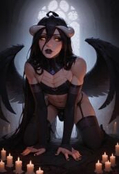 1femboy ahoge ai_generated albedo_(overlord) better_than_girls black_hair black_lipstick black_nails black_wings bulge candles civitai demon_horns erikochan femboy femboy_only garter_straps gothic high_heels horns long_hair looking_at_viewer makeup on_knees overlord_(maruyama) penis_bulge rule_63 self_upload solo trap uncensored wings yellow_eyes