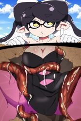 1girls black_hair breasts callie_(splatoon) chicken_rib cleavage earrings inkling inkling_girl long_hair nintendo pantyhose pink_pantyhose pointy_ears restrained solo solo_female solo_focus splatoon splatoon_(series) spread_legs stuck stuck_in_ground tentacle tentacle_hair tentacle_rape unaware unawareacles yellow_eyes