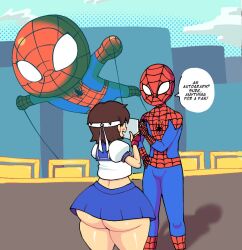 ass back_view big_ass capcom crossover eastern_and_western_character marvel marvel_comics marvel_vs._capcom marvel_vs._capcom_2 mini_comic sakura_kasugano skirt smib spider-man spider-man_(series) street_fighter tagme text