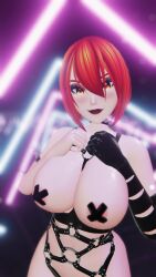 blush choker glove harness lipstick neon_lights rebel_(vtuber) rebel_vr red_hair smiling taped_nipples that_one_rebel yellow_eyes