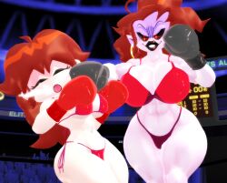 2girls 3d 3d_(artwork) arena bikini black_boxing_gloves black_gloves boxing boxing_gloves boxing_ring brown_hair demon demon_girl demon_horns duo duo_female duo_focus female female_only fight fighting_ring friday_night_funkin girlfriend_(friday_night_funkin) gloves josugomezofficialnew kabalmystic long_hair long_hair_female mmd mommy_mearest mother_and_daughter punch punching punching_face purple_skin red_boxing_gloves red_gloves tagme