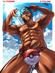 archie_(pokemon) balls bara beard bulge facial_hair flaccid headkerchief male male_only muscles muscular nintendo penis pokemon solo solo_male sweat sweating team_aqua tylrddrwn