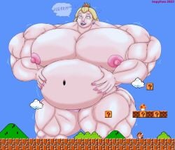 1girls belly big_belly blonde_hair breasts burp burping female giantess hyper_muscles impishfamiliar macro mario_(series) muscular muscular_female nintendo nipples princess_peach strongfat