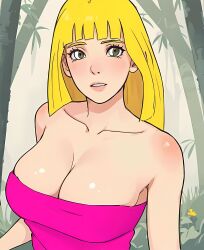 1female 1girl bangs big_breasts blonde blonde_eyebrows blonde_female blonde_hair blonde_hair_female blush breasts flower grass light_skin light_skinned_female long_hair looking_at_viewer makeup nsfwmaker nswoaf outdoors outside red_clothes red_clothing red_shirt solo_female solo_focus tagme tree trees